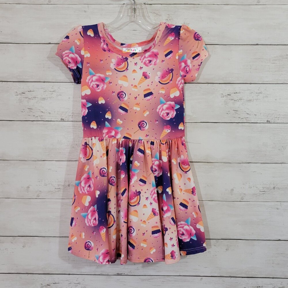Dot Dot Smile Pink Purple Baby Girl Toddler Kids Dress Roses Rainbows Size 2T